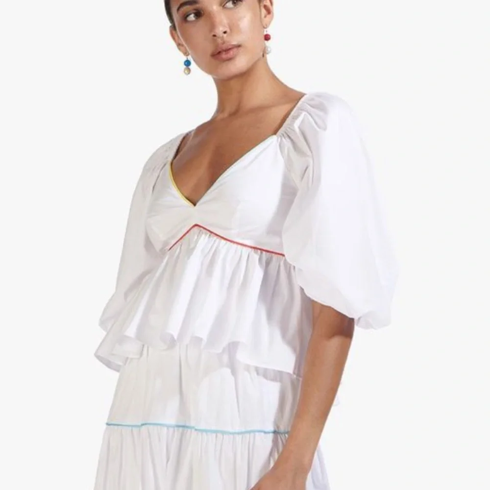 STAUD White Puff-Sleeve Peplum Top with Multicolor Trim